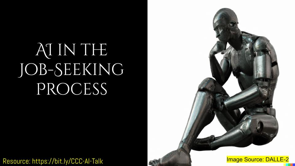 A slide from the presentation., The left side is black with white writing, "AI in the Job-Seeking Process". The right side is white with a gray-metal robot sitting in a contemplative position.