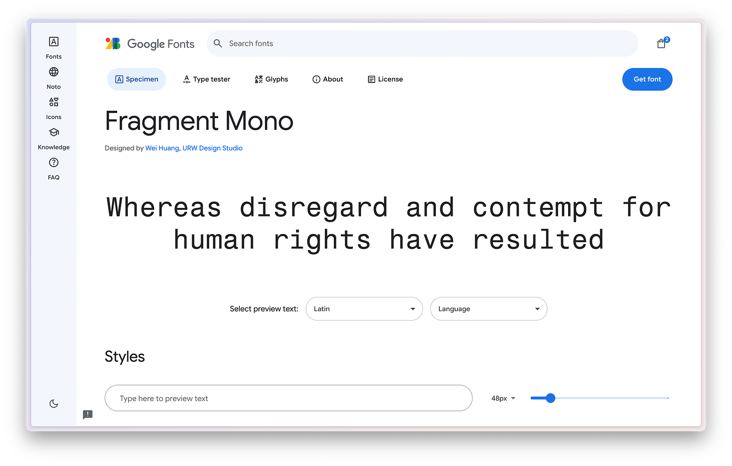 Google fonts preview page for Fragment Mono