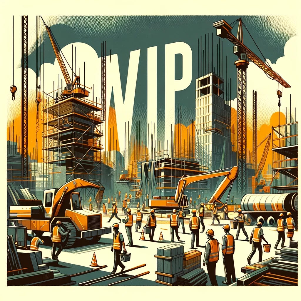 A dynamic and engaging scene of a construction site in the background, with workers actively engaged in various tasks like carrying materials, operating machinery, and discussing plans. The setting is bustling with activity, featuring scaffolding and cranes. In the foreground, the bold letters 'WIP' (Work In Progress) in modern typography are superimposed on this scene, emphasizing the theme of ongoing work and development. The color palette includes earthy tones with pops of safety orange and yellow for visibility.