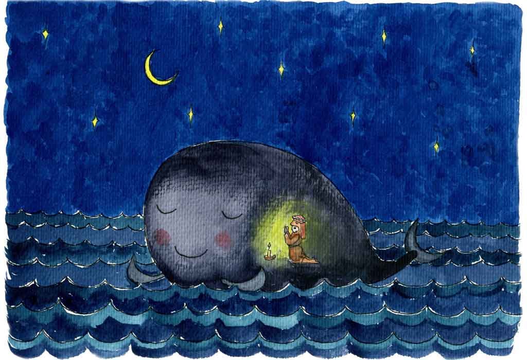 A painting shows Jonah praying by candlelight inside a sleeping whale.