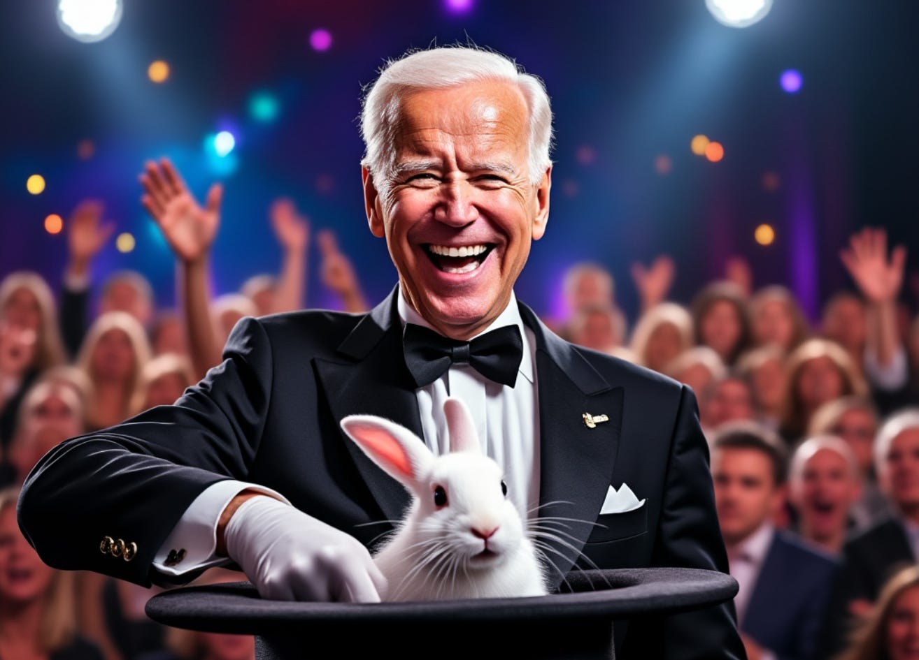 A person in a suit and white gloves holding a rabbit in a hat

Description automatically generated