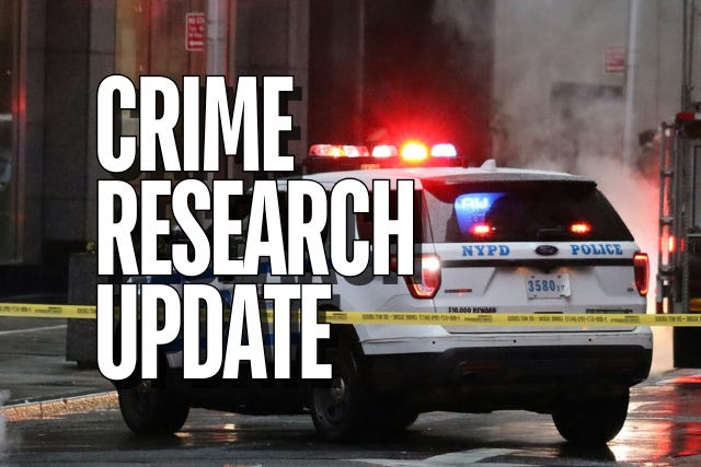 "Crime Research Update" appears in the foreground. In the background, yellow tape is strung across the image, in front of a police cruiser that sits with its roof lights on.