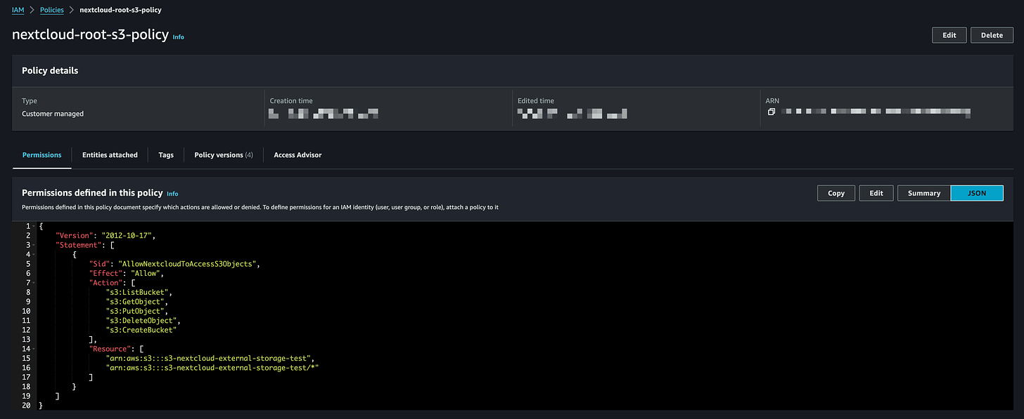 Custom IAM Policy for the Nextcloud S3 user