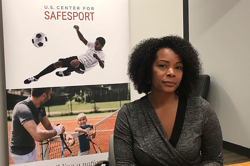 Ju’Riese Colon, the CEO for the U.S. Center for SafeSport, talks about the challenges facing her organization at their headquarters in Denver, Monday, Sept. 16, 2019. (Eddie Pells / ASSOCIATED PRESS)