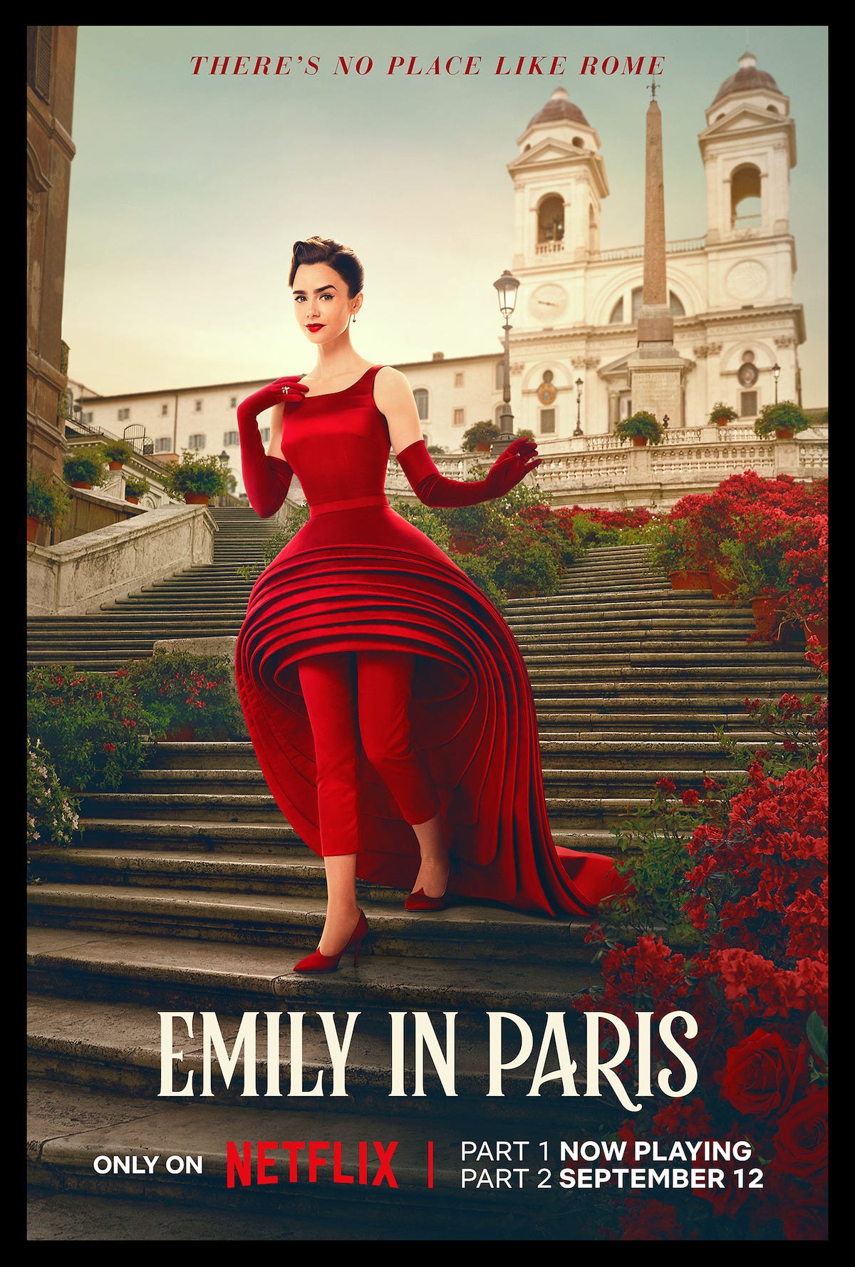 Key art for Season 3 of ‘Emily in Paris’ featuring Lily Collins as Emily wearing a black and white dress.