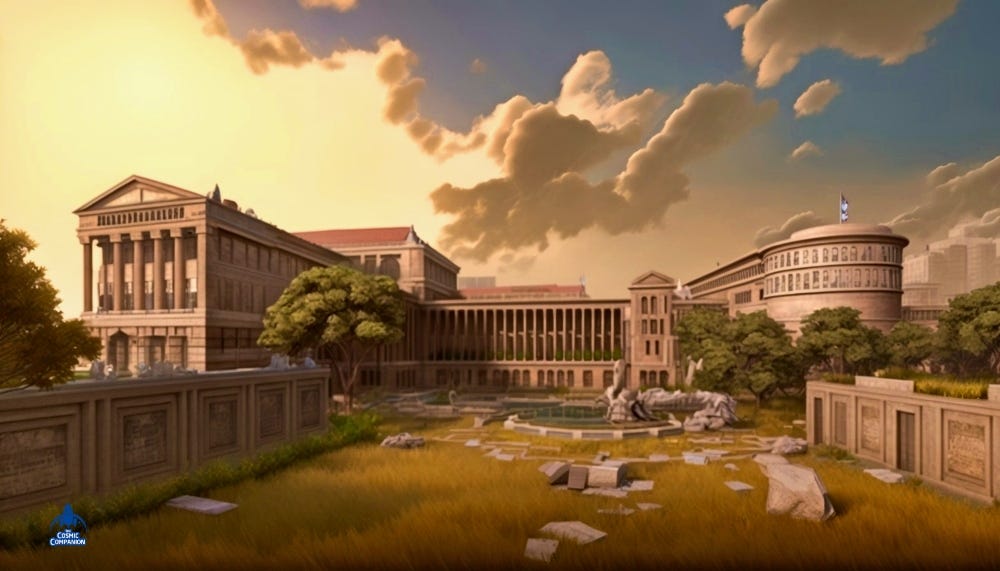 A courtyard of a once-magnificent ancient building, fallen into disrepair. The sky on the left glows orange with flames, and smoke appears to rise behind the building.