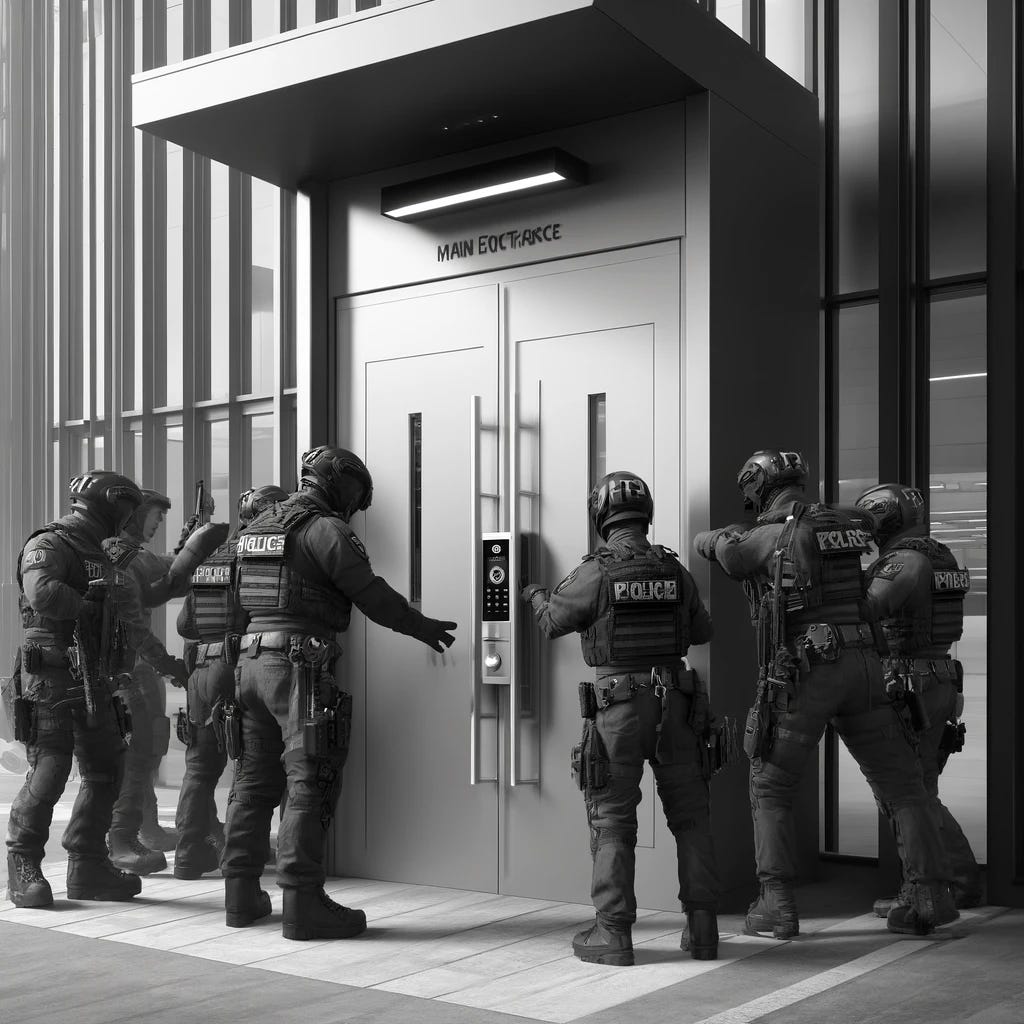 A black and white image capturing a contemporary scene where a group of modern police officers are standing in front of a school's main entrance, trying to gain access. The door is modern, with electronic access control, reflecting current security technologies. The officers are using various modern tools and techniques to unlock the door, but it remains securely locked. Their expressions are a mix of determination and urgency. The school building appears modern, with sleek architectural elements. The officers are wearing current police uniforms, equipped with modern gear, highlighting the contrast with traditional scenes.
