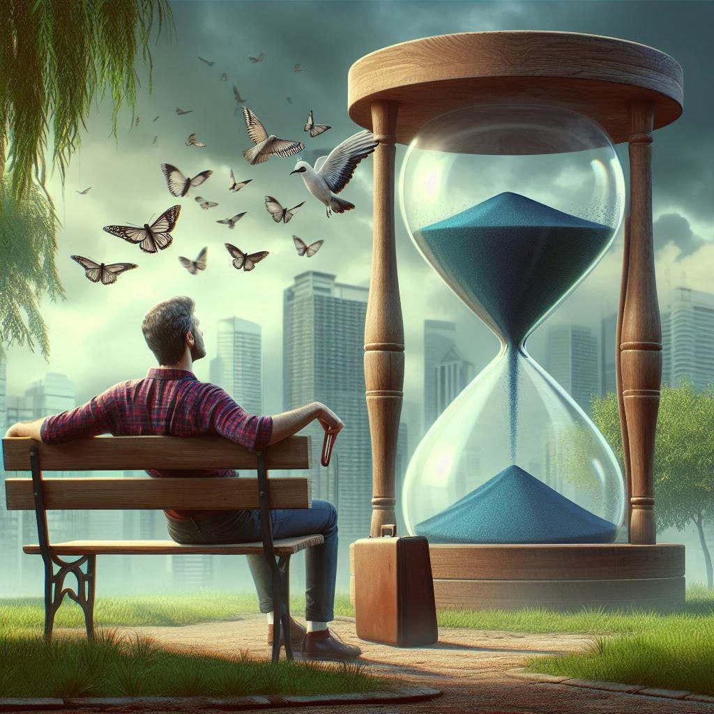Un hombre llamado Antonio sentado en un banco en un parque, mirando un reloj de arena gigante mientras las oportunidades vuelan como pájaros sobre su cabeza. El ambiente es humorístico y un poco irónico.