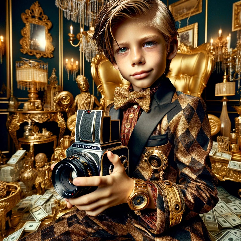DALL·E 2024-02-18 18.32.33 - Visualize a young, extravagantly dressed boy in an exaggeratedly luxurious setting, displaying.webp