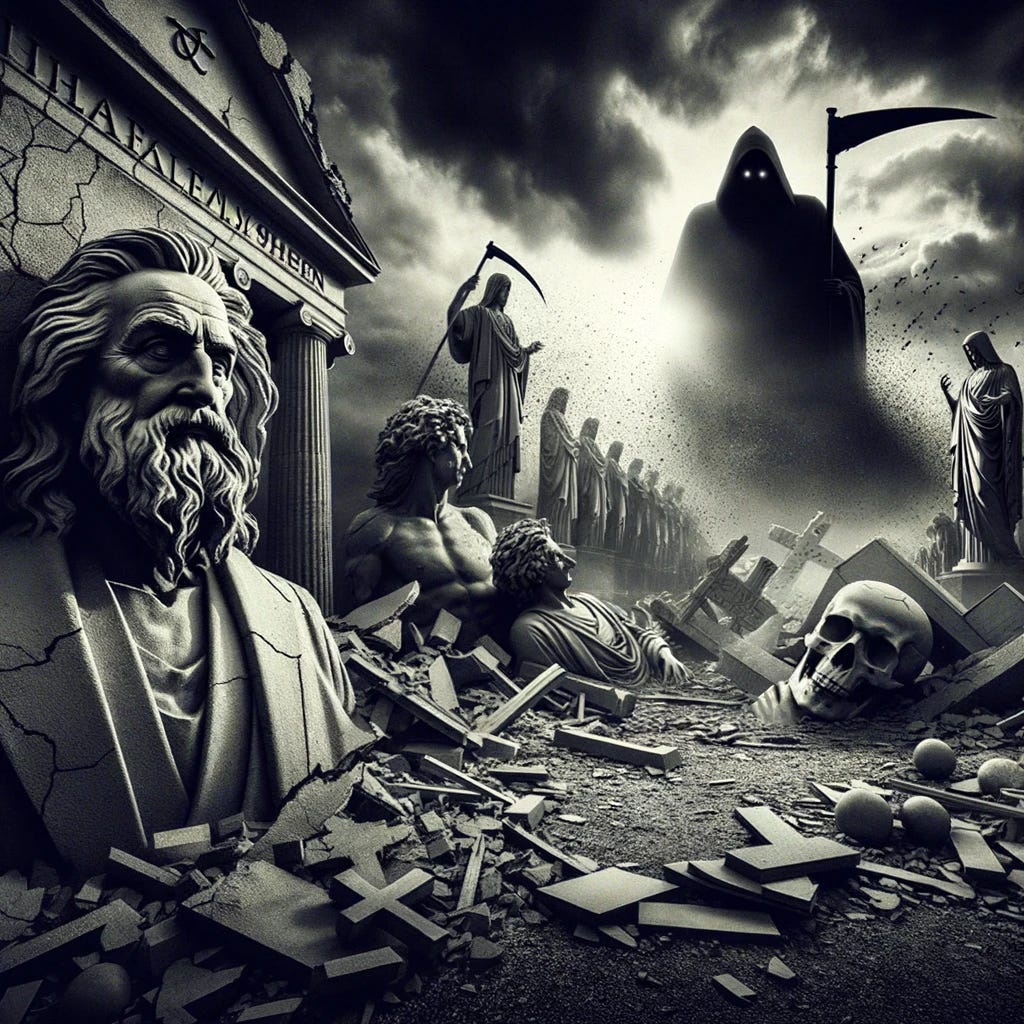 Photo of a dark, foreboding landscape with shattered religious icons symbolizing the death of deism and pantheism. In the foreground, there are broken statues of Einstein and Spinoza, with a looming shadow of a reaper-like figure overseeing the scene, alluding to the end of an era. The entire scene is captured with a wide-angle lens, adding to the dramatic effect.