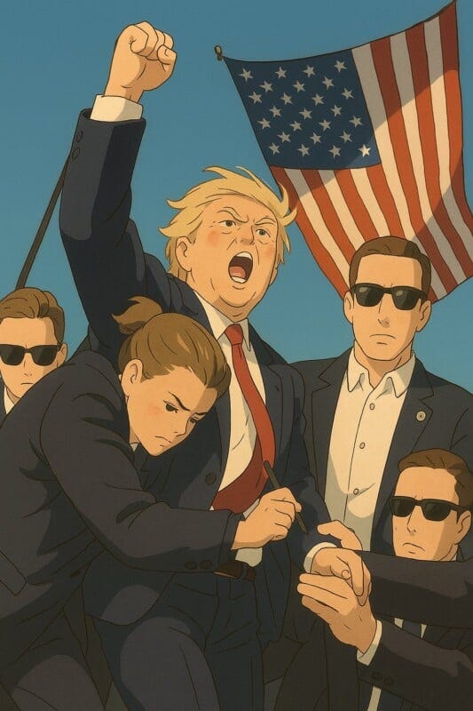 Illustration of a man in a suit with a raised fist, surrounded by security personnel wearing sunglasses. One holds an earpiece. An American flag waves in the background against a clear blue sky.