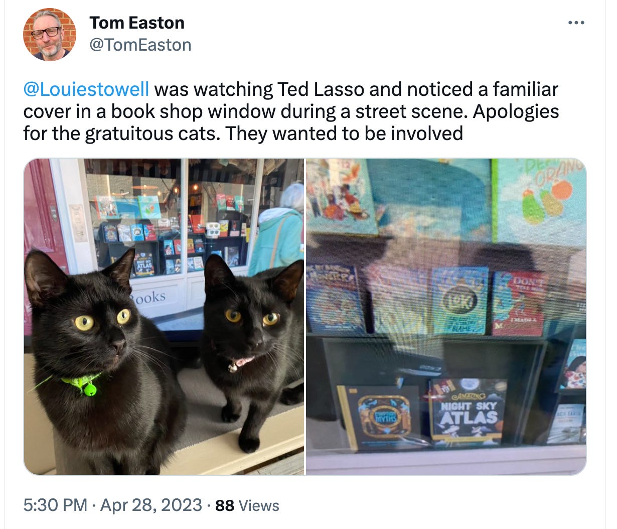 Screenshot of a tweet showing Loki book 2 in the window of a bookshop on Ted Lasso with Tom Easton, the tweeter's cats in shot. He calls them "Gratuitous cats".