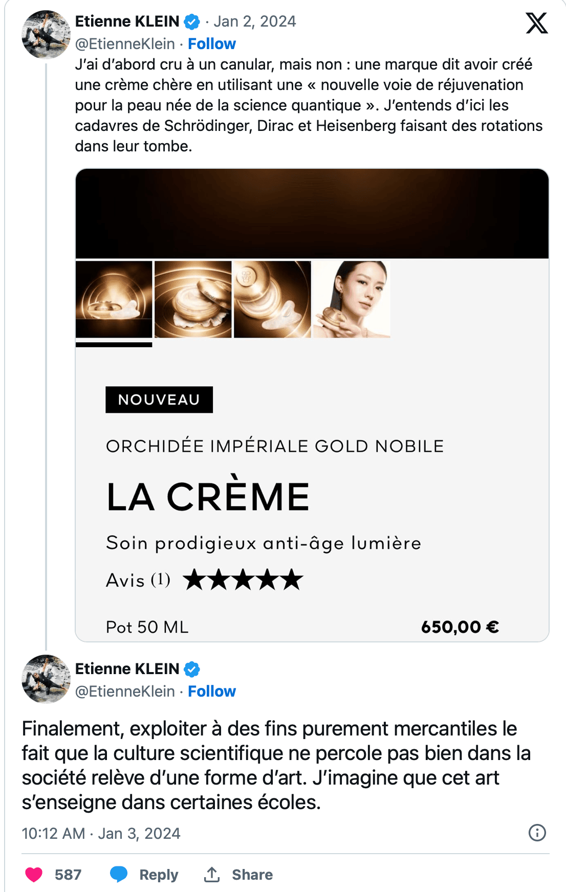 tweet Etienne Klein polémique crème quantique guerlain