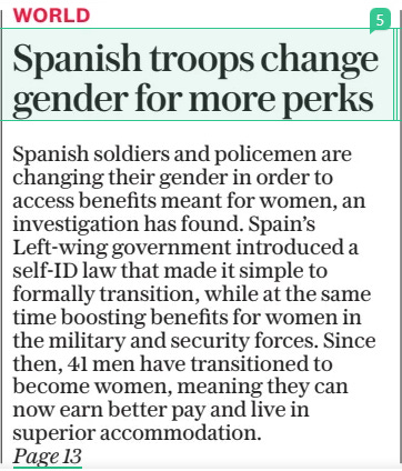Spanish troops change gender for more perks Self-id law makes it easier to transition at same time as female recruits offered better salaries and housing