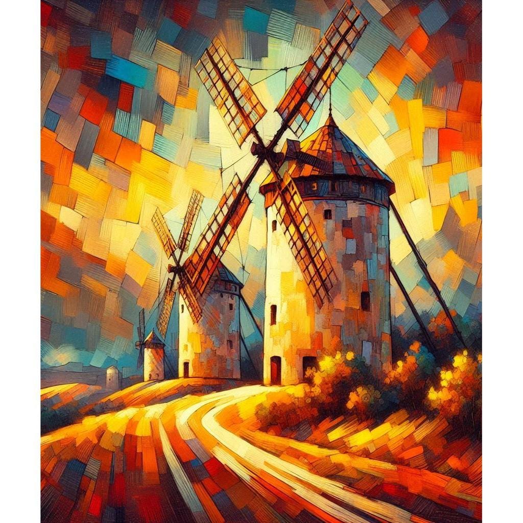 AI generated image in a vaguely fauvist style depicting the windmills of La Mancha
