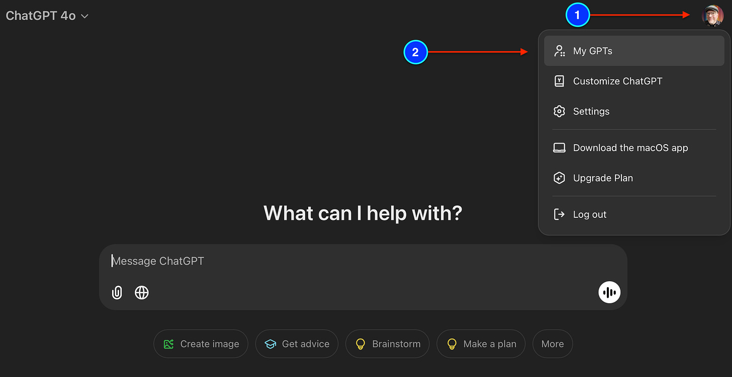 ChatGPT interface with a dropdown menu open, showing options like My GPTs and Settings.