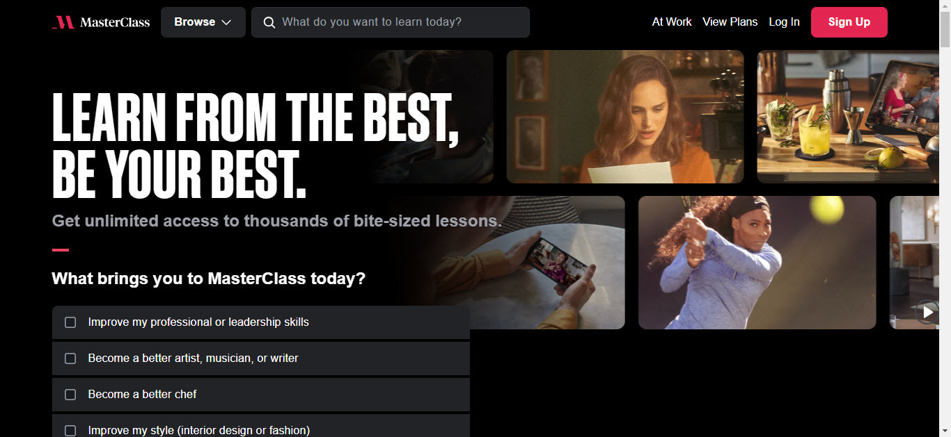 Masterclass home page showing Natalie Portman, Serena Williams, and the tagline Learn from the best, be your best.
