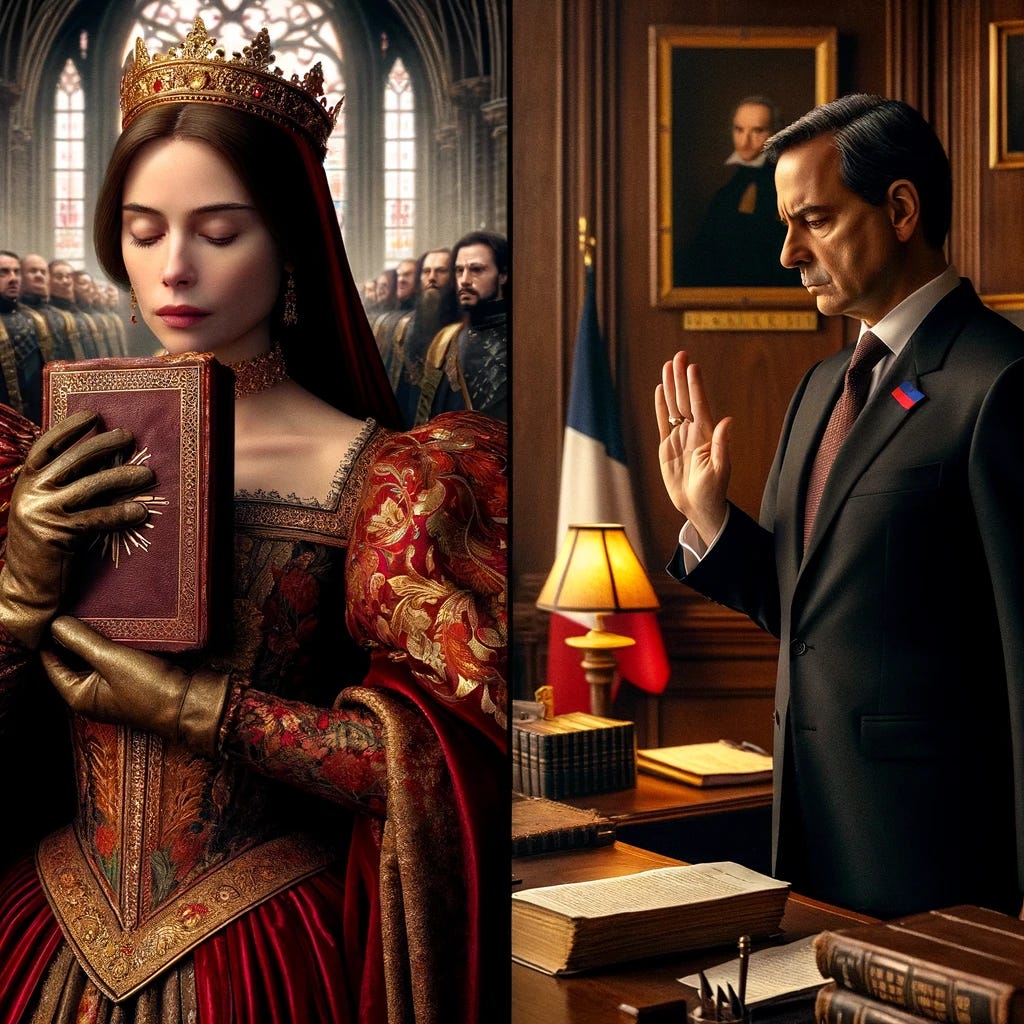 A split image. On the left, a scene depicting a queen, with fair skin and long brown hair, wearing a regal, medieval gown in rich red and gold colors. She is reverently kissing a Bible, held in her gloved hands. The background is a cathedral interior, with stained glass windows. On the right, a scene showing a chancellor, a middle-aged man of Middle Eastern descent, standing in an official-looking office, pledging with his hand on the Code Napoléon. He wears a formal black suit, and the room is adorned with legal books and French flags.