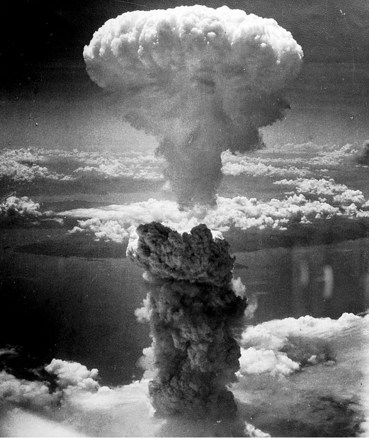Mushroom cloud from the atomic bombing of Nagasaki, Japan on August 9, 1945