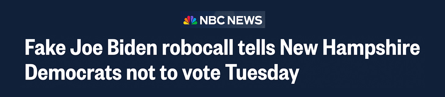 NBC News Headline: "Fake Joe Biden robocall tells New Hampshire Democrats not to vote Tuesday"