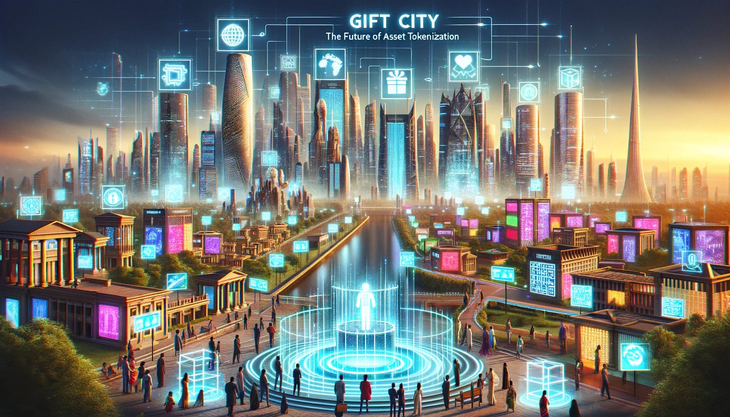 Visualize India's GIFT City as a futuristic metropolis where buildings and art are tokenized into digital assets. The scene shows a vibrant cityscape with iconic skyscrapers and public artworks, each highlighted by glowing outlines and digital codes to represent tokenization. Diverse people, including high-net-worth investors, are interacting with holographic displays, trading and owning pieces of the buildings and art. The atmosphere is dynamic and innovative, illustrating the concept of the physical world transformed into a collectible game. In the sky, a digital overlay reads 'GIFT City: The Future of Asset Tokenization,' emphasizing the revolutionary potential of this initiative.
