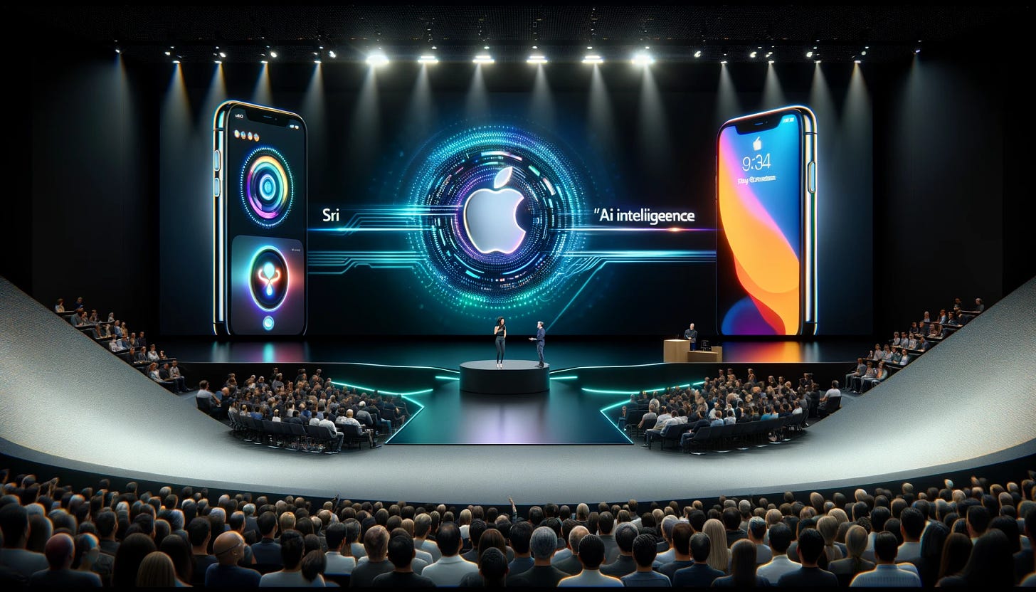 A futuristic scene at an Apple event showcasing the new 'Apple Intelligence' AI features. The stage has a large screen displaying Siri with AI enhancements, alongside an iPhone and iPad with iOS 18. People in the audience are engaged and excited. The background has sleek, modern design elements with the Apple logo prominently displayed. The overall atmosphere is tech-savvy and innovative.