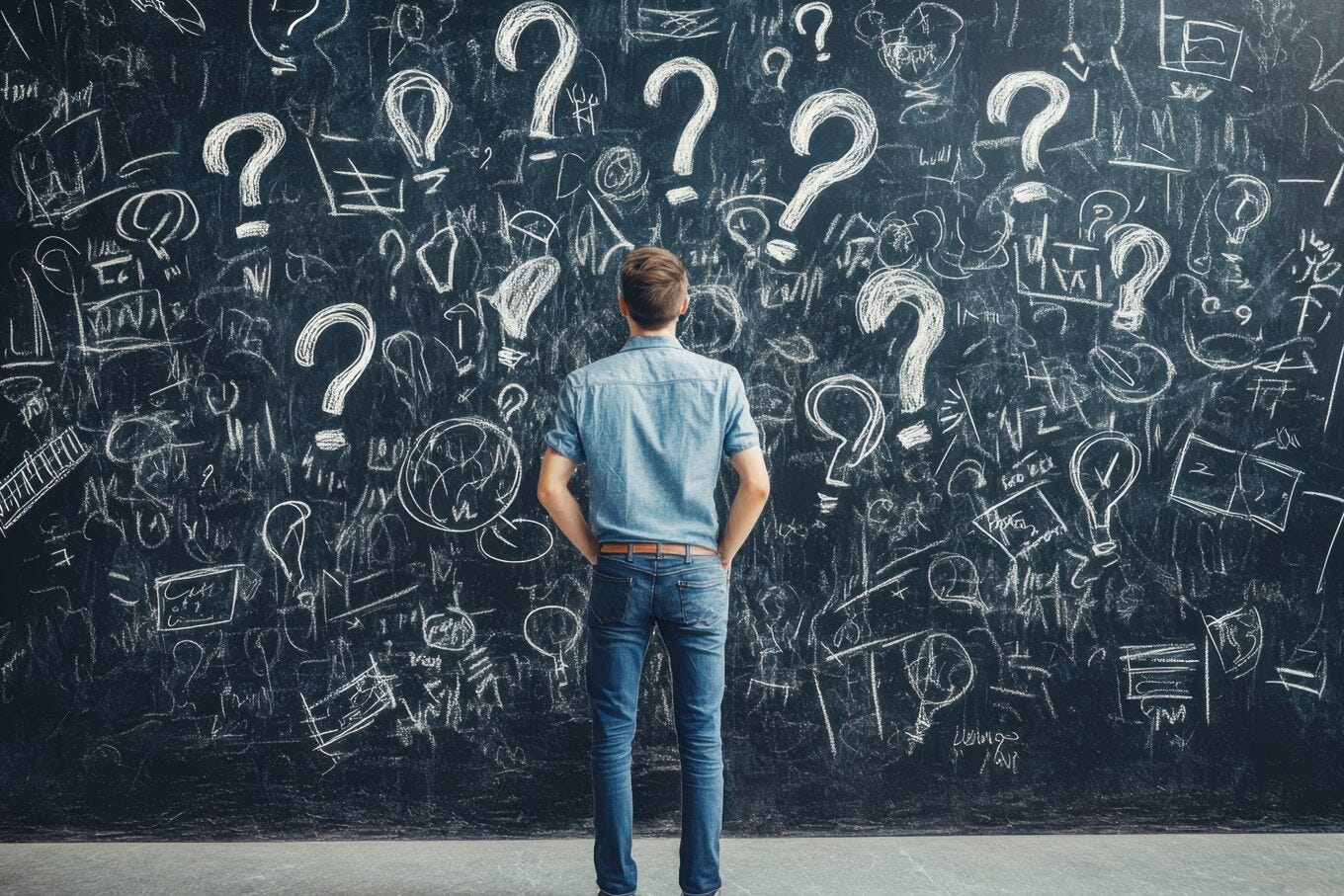 Persona de espaldas, vestida con camisa de mezclilla y jeans, observando una pizarra gigante cubierta de garabatos, signos de interrogación y dibujos de bombillas, representando ideas y cuestionamientos. La escena transmite confusión, creatividad y reflexión.