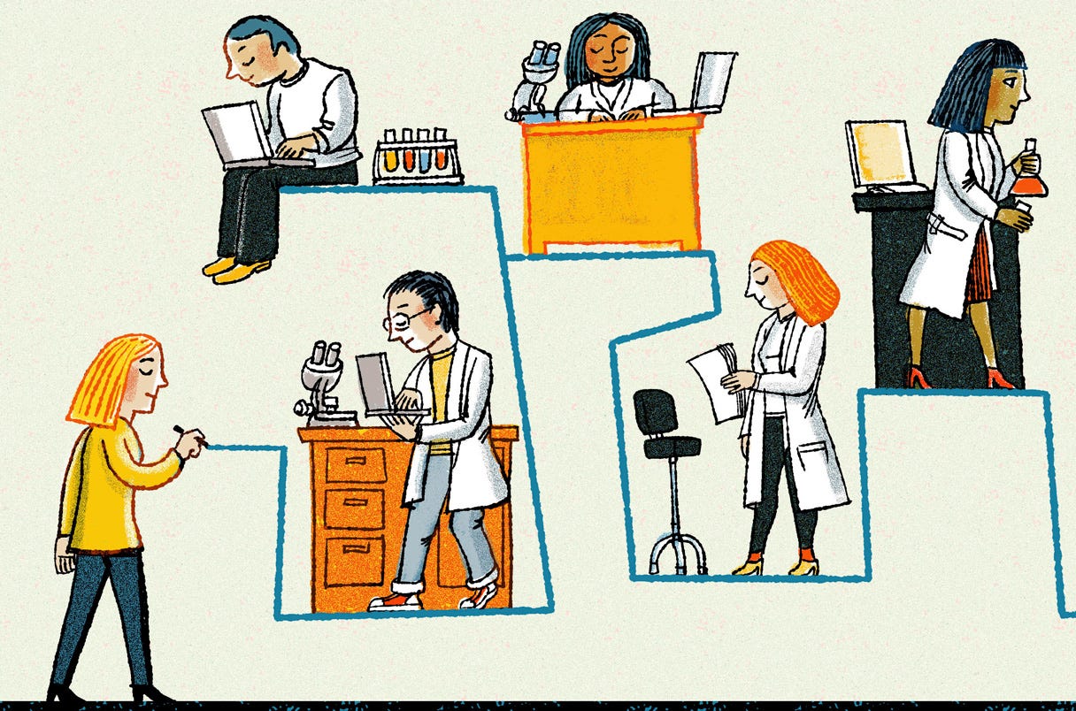 Illustration of figures working in different settings