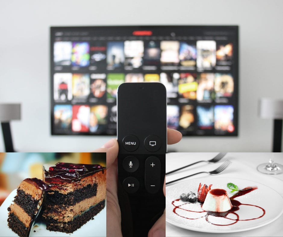 A TV remote with blurred movie catalogue screen on the TV.  With a big piece of cake inset on the left and a bite size healthy dessert inset on the right.