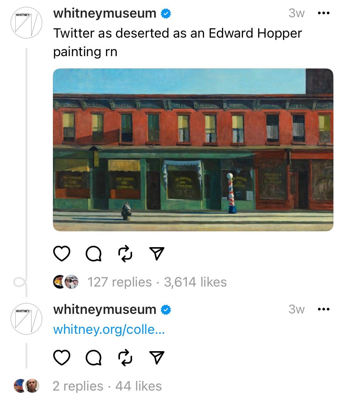 Post that says "Twitter as deserted as an Edward Hopper painting rn" with a desolate Edward Hopper painting below