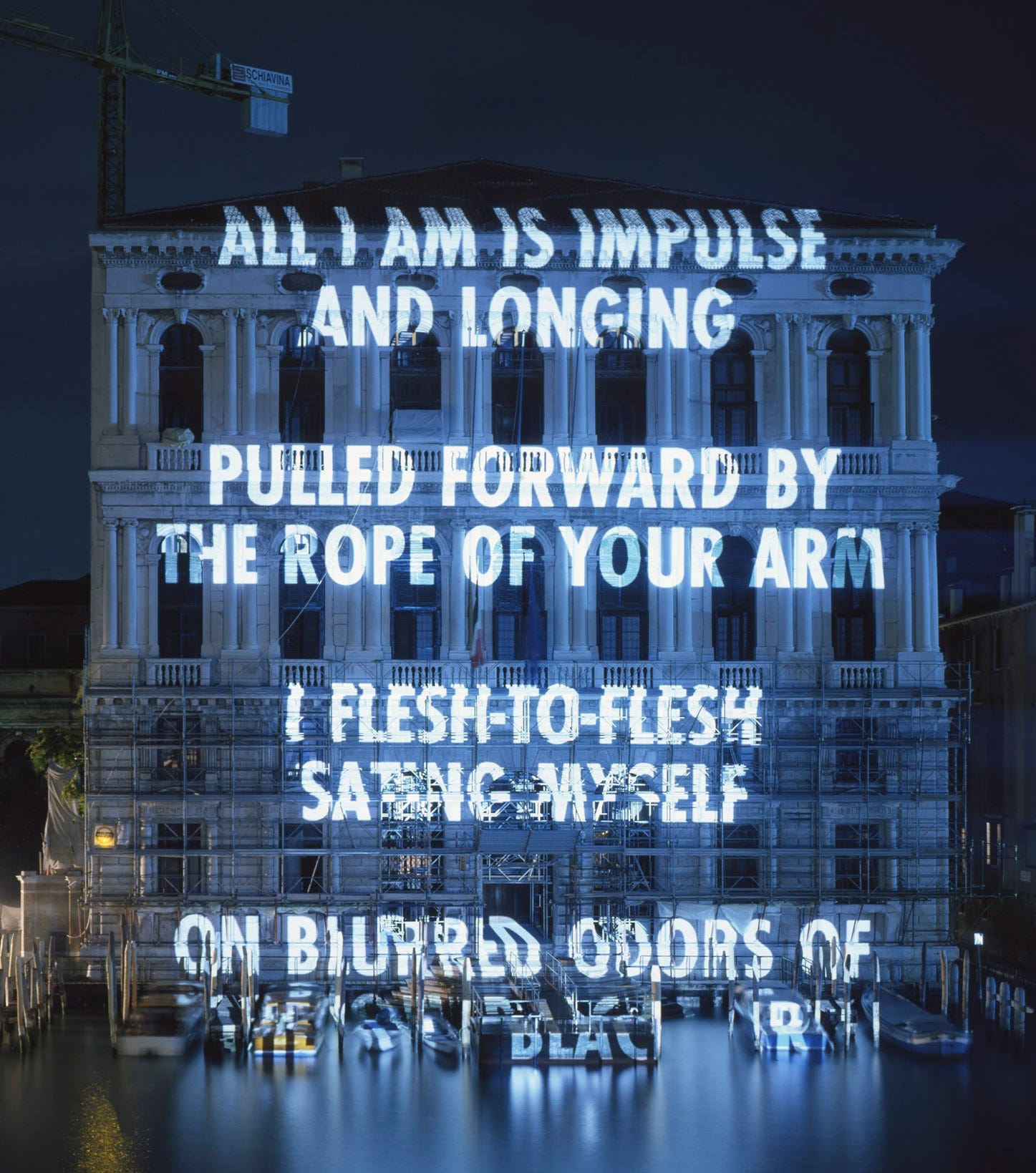 “Xenon for the Peggy Guggenheim” by Jenny Holzer featuring “Blur” from “Middle Earth” by Henri Cole. Palazzo Corner...