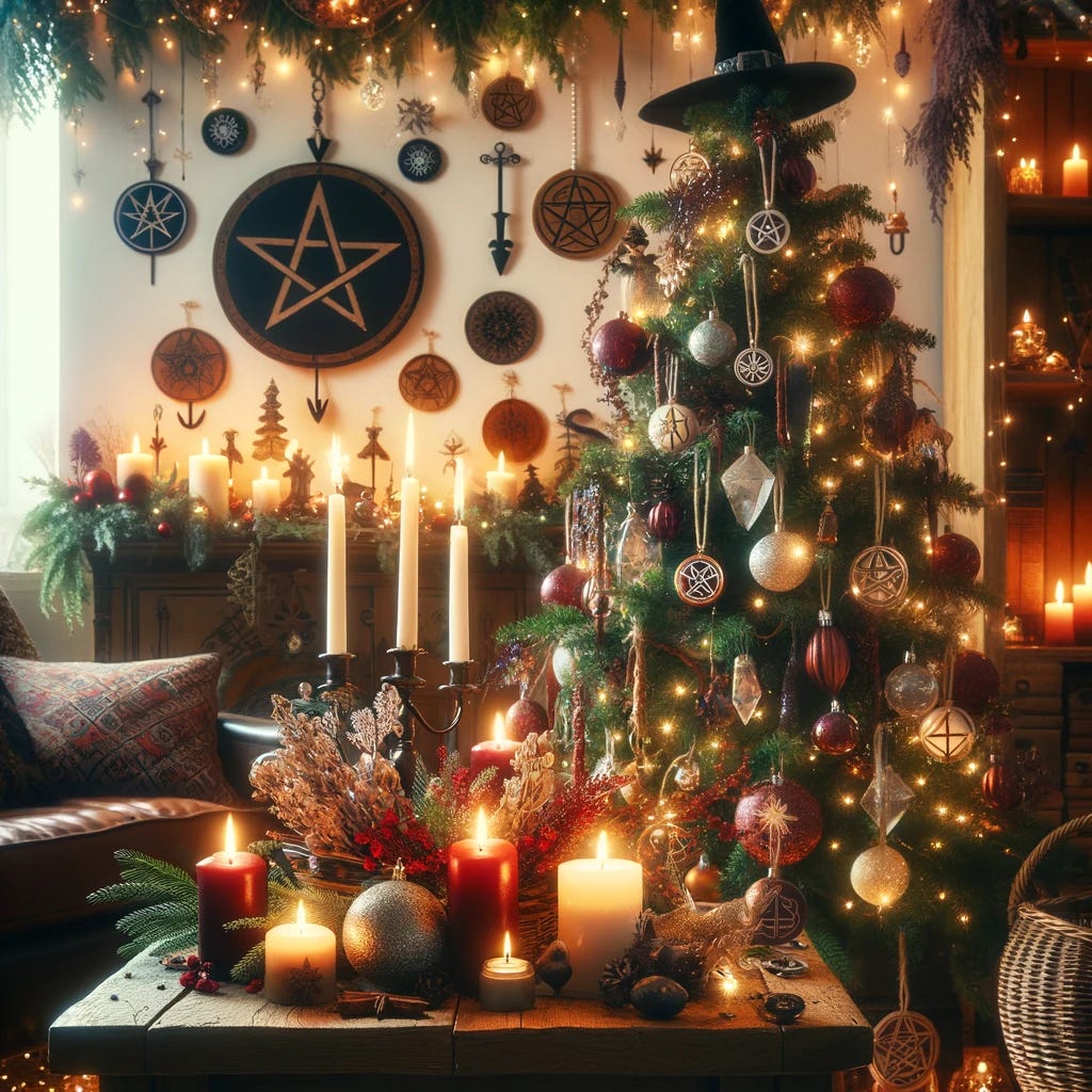 A beautifully decorated witchy holiday room featuring a Christmas tree adorned with pentacles, crystals, and enchanted ornaments, with candles creating a cozy magical atmosphere.