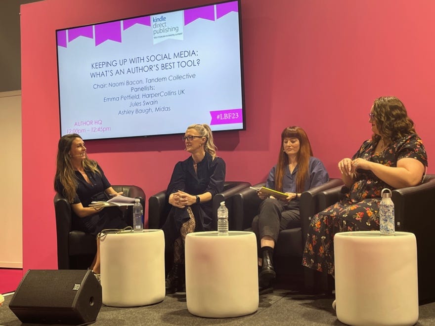 A picture of four women speakers at a panel on Social Media taking place at the London Book Fair 2023: 