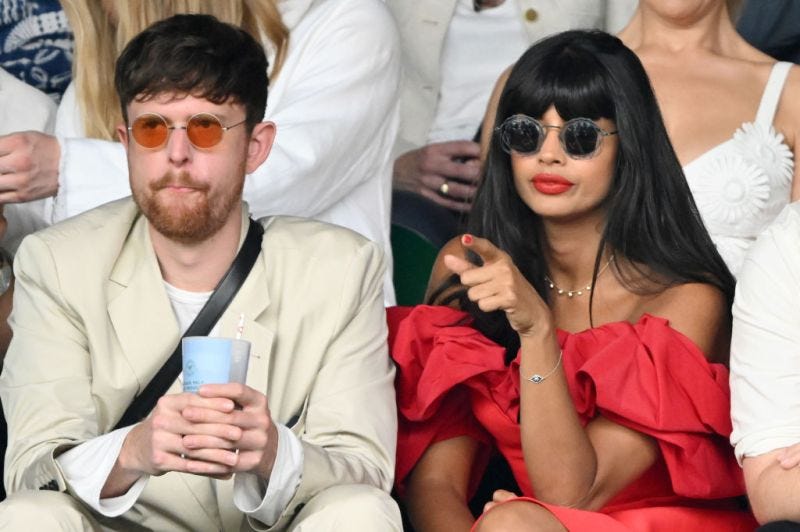 James Blake and Jameela Jamil attend Day Six of Wimbledon on July 8 London.