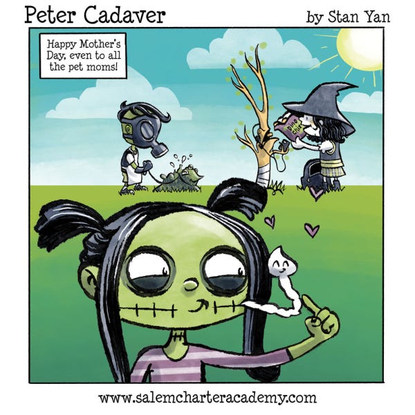 Peter Cadaver is walking an alien-like creature that is green and slimey.  A little witch is pouring some cereal into the mouth of a tree, and Patty Cadaver is petting her pet tapeworm.
