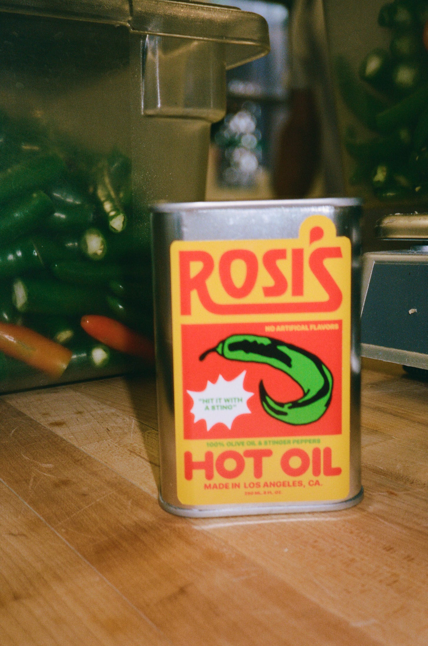 A can of Rosi's Hot Oil