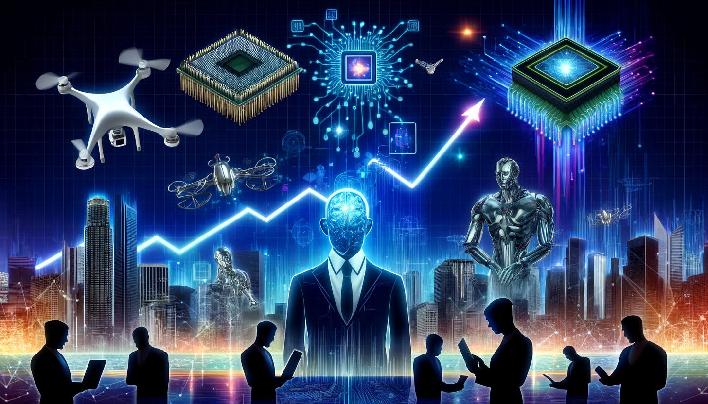 A futuristic digital illustration representing the surge of investments in AI, quantum computing, and defense technology. The image features a glowing financial chart rising alongside icons of AI neural networks, quantum processors, and advanced military drones. Investors in sleek suits analyze data on holographic screens, while a high-tech cityscape in the background symbolizes innovation and progress. The color palette includes deep blues, neon accents, and metallic tones to convey a cutting-edge financial atmosphere.