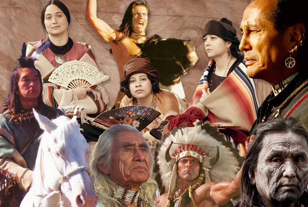 This image shows a collage of nine photographs capturing the faces and upper bodies of nine Native American characters from various American movies.