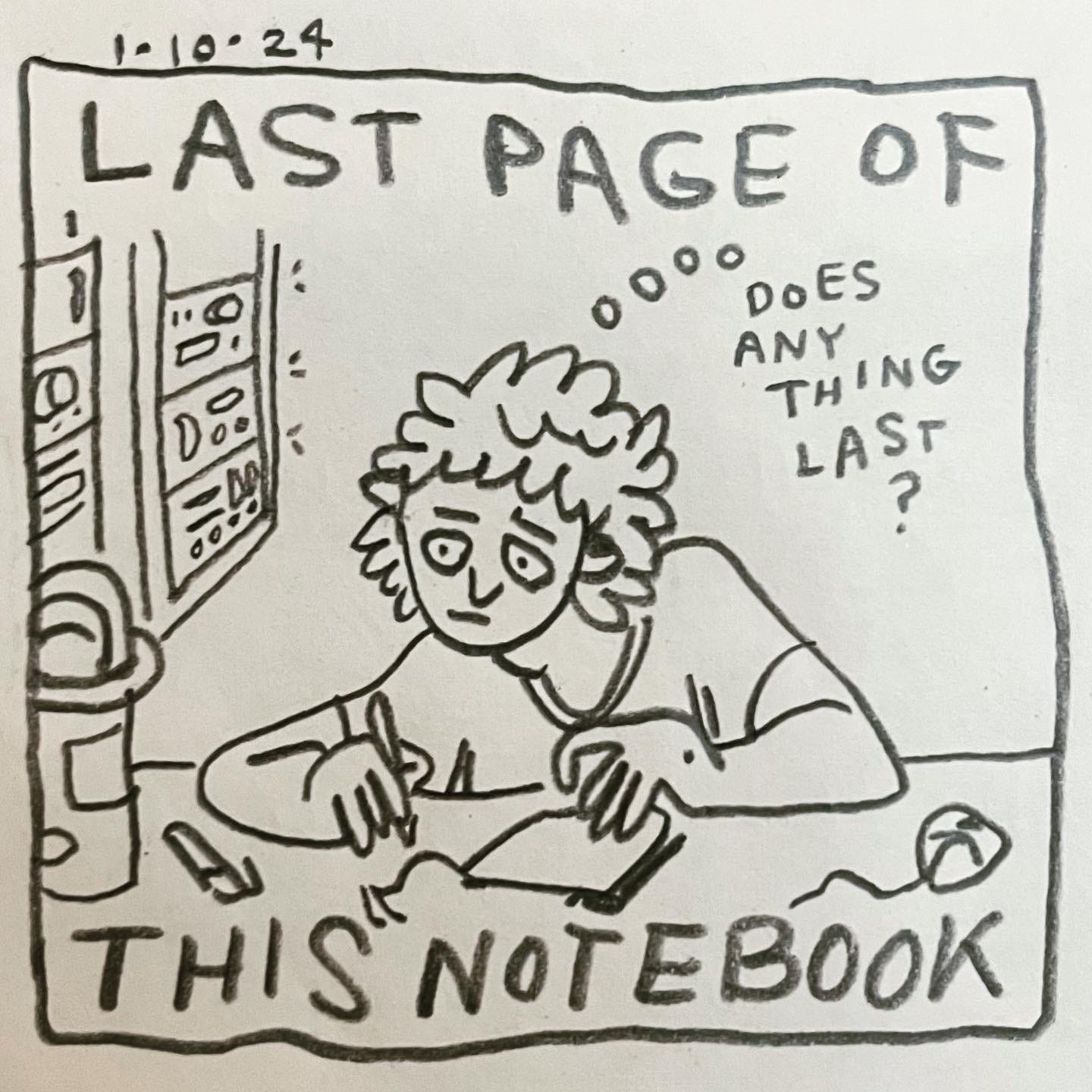Panel 1: last page of this notebook Image: Lark is sitting hunched over a notebook, gazing into the distance. A water bottle, computer mouse, and pen sit on the table. Lights blink on a rack of equipment behind them. They are thinking, "does anything last?"