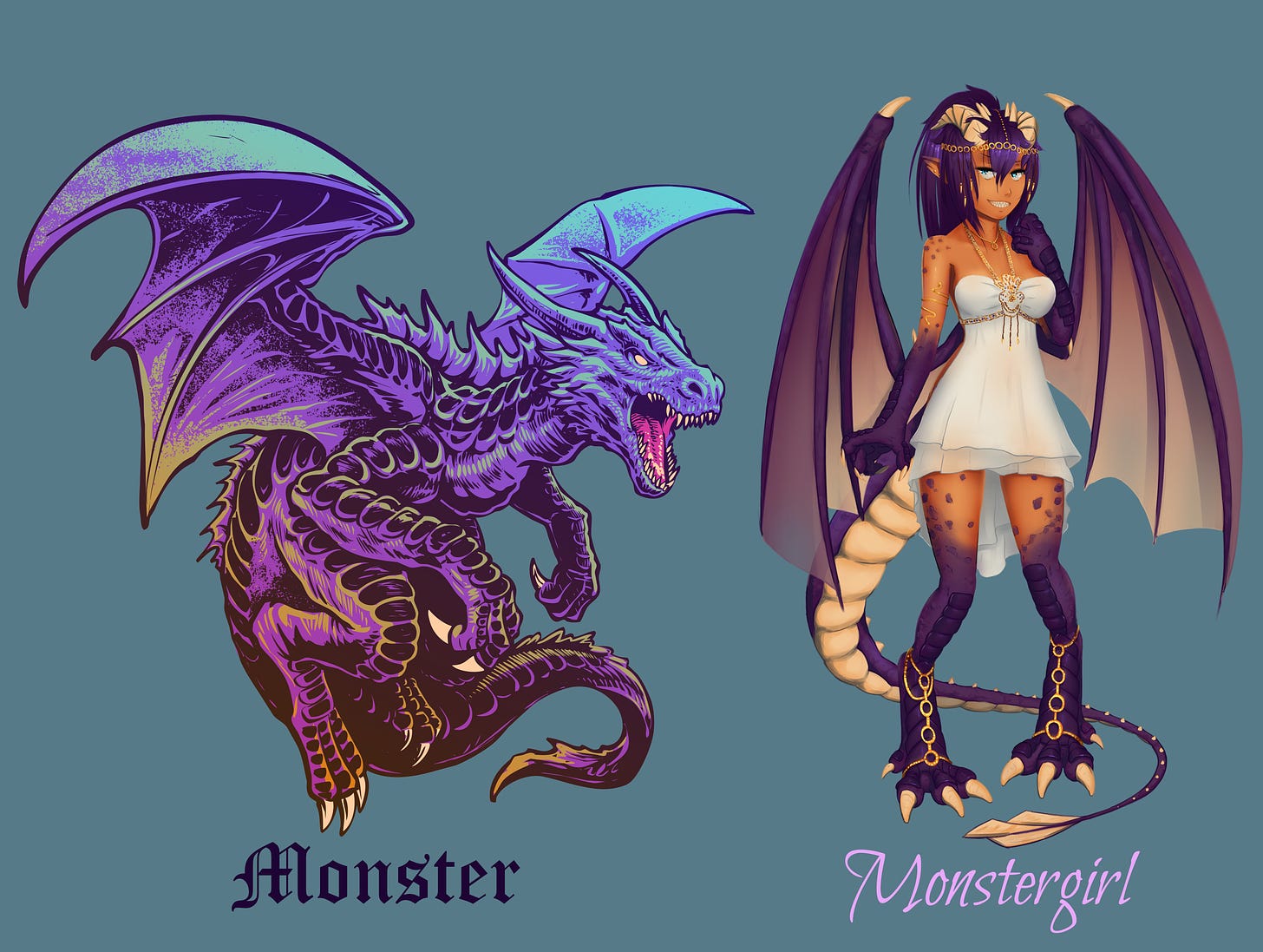 A picture of a "normal" dragon at the left with a "monstergirl" version of a dragon at the right.