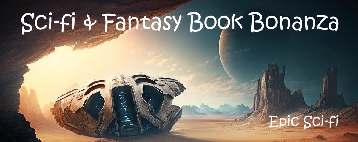 sci-fi and fantasy book bonanza -- epic sci-fi with planetary landscape and spaceship