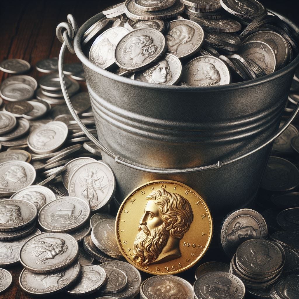 a photo of a bucket full of silver pieces next to a gold coin