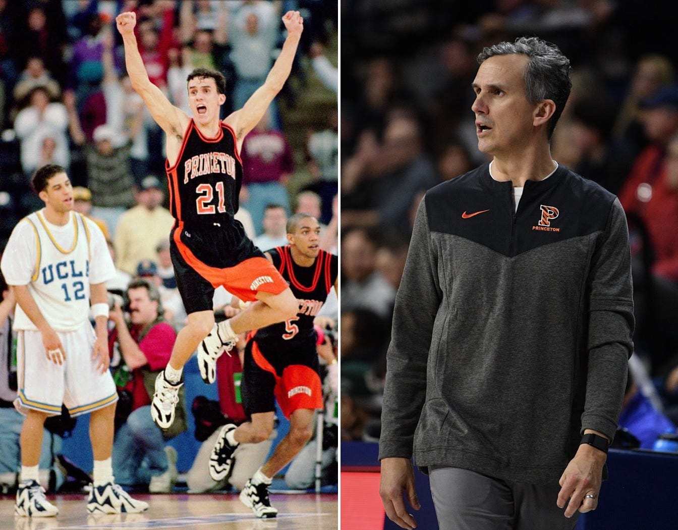 Mitch Henderson played for the Princeton team that upset defending national champion UCLA in the 1996 NCAA Tournament and coached the Tigers to their first Sweet 16. (Photos via Twitter @IvyLeague, Wikimedia Commons)