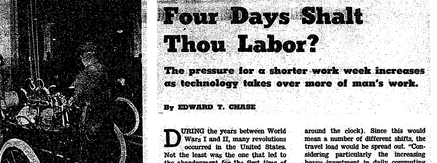 Screenshot of a 1964 article from the New York Times with headline: "Four Days Shall Thy Labor."