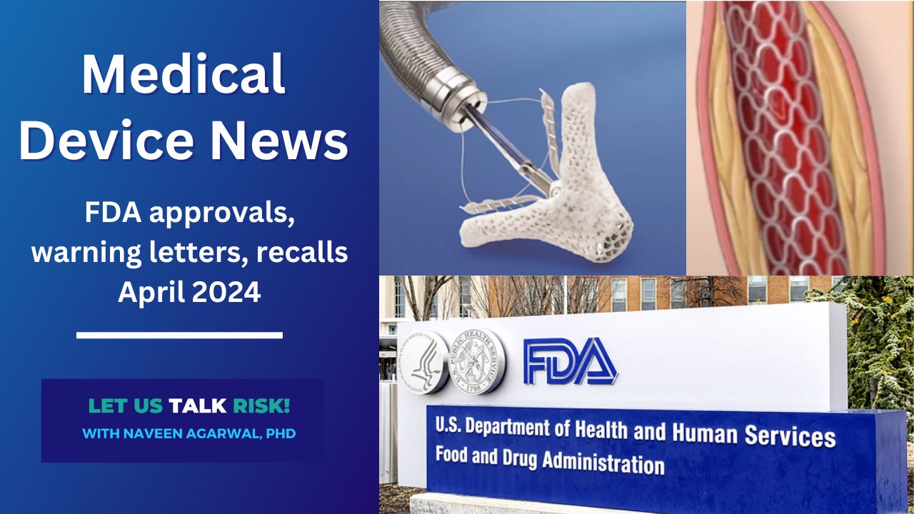 Medical device news April 2024 - FDA approvals, warning letters, recalls