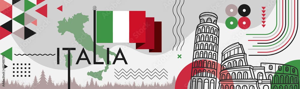 Italia national day banner design. Italian flag and map theme with Rome  Colosseum Pisa tower landmark background. Abstract geometric retro shapes  of red and green color. Italy Vector illustration. Stock-vektor | Adobe