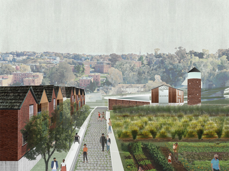 Artist's rendering of a red-brick neighborhood, urban farm and city in background.