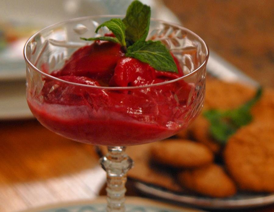 Close up of raspberry banana sorbet in a crystal serving glass