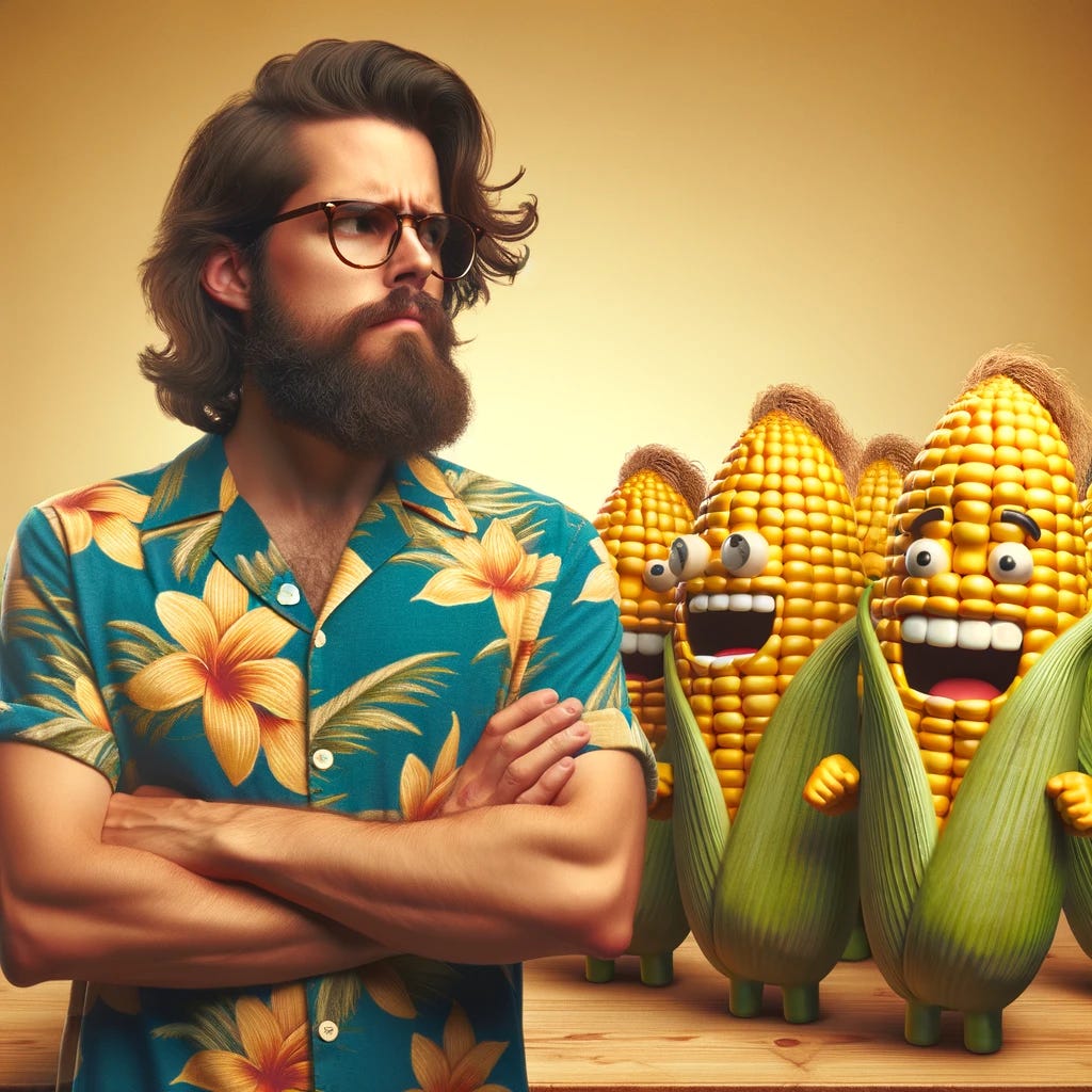 A bearded young man with medium-length wavy hair and glasses, wearing a Hawaiian shirt, stands on the left side of the image with his arms crossed, looking disdainfully at a crowd of anthropomorphic corn cobs on the right side. The corn cobs are personified with joyful expressions, in stark contrast to the man's disdainful demeanor. The setting suggests an unusual confrontation, blending elements of a tropical vibe from the man's attire with the playful fantasy of the corn characters. The composition is carefully balanced to emphasize the interaction between the man and the corn cobs.