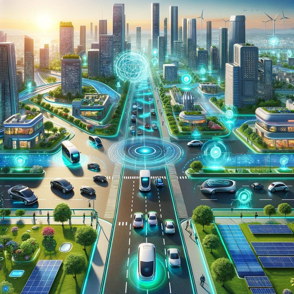 A vibrant depiction of a futuristic cityscape at dusk where autonomous cars of various designs navigate through smart roads amidst lush greenery, solar panels, and holographic signs. Skyscrapers emit a gentle glow, highlighting sustainable energy use, while pedestrians enjoy the safety of well-integrated pathways, showcasing a harmonious blend of technology, nature, and urban life.